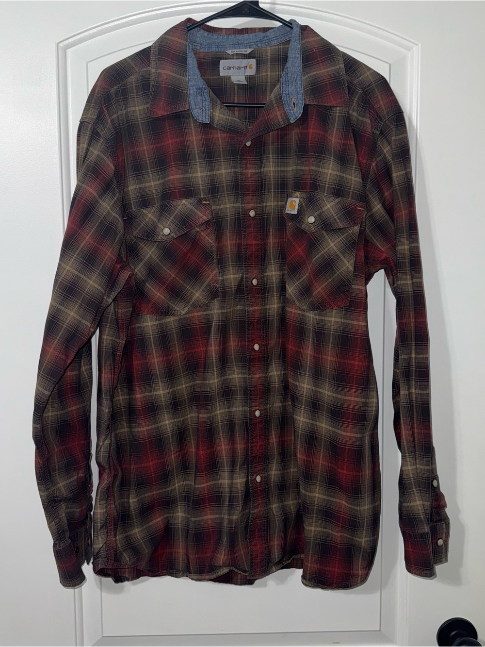 Carhartt Long Sleeve Pearl Snap Top Men’s Size XL Relaxed Fit Brown Plaid